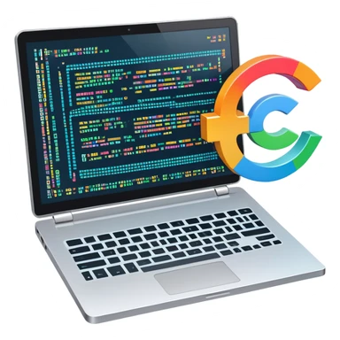 An icon featuring a laptop screen with colorful lines of code, brackets, and a blinking cursor, symbolizing programming. The design includes flowcharts, gear icons, and binary code, representing software development and logical problem-solving. Transparent background highlights the world of coding. sticker