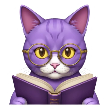 A purple cat reading a book. It has yellow eyes and is wearing round glasses. sticker