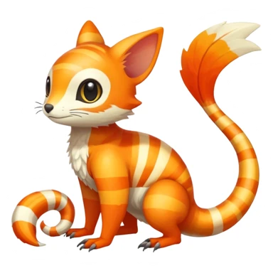 lush warm-colored Fakémon-Trico-creature (full body) with white cheek markings, white-striped tail sticker