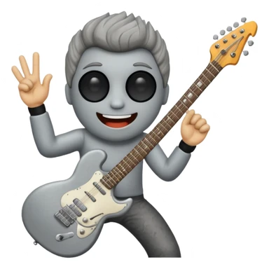 a rock with a happy face that is holding up a rock and roll hand and an electric guitar sticker