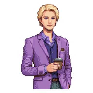 Confident male entrepreneur, Caucasian features, blonde hair, defined eyebrows, slight smile, wearing violet blazer over light violet shirt, holding a coffee cup in right hand, waist-up, front-facing sticker