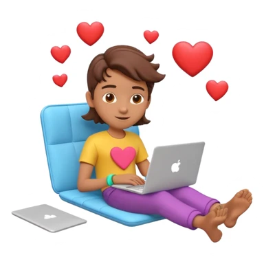 3D clay character relaxed with laptop and coffee, floating icons (hearts + dollars), colofrful modern outfit, white laptop, Pixar style, transparent background sticker