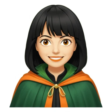 traitor tv show, person wearing green cloak who looks like claudia winkleman orange skin tone and thick black fringe sticker