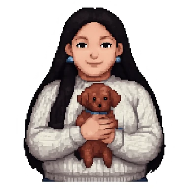 Make the woman's hair much darker and longer, reaching waist length, and increase her weight for a fuller figure, in pixel art style, with no background. sticker