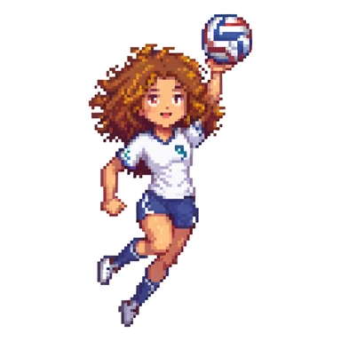 curly haired girl playing volleyball, energetic, action pose, pixel art style sticker