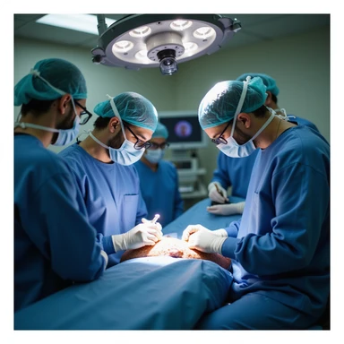 surgeon in operating room performing ankle ligament surgery on a man, medical team working, surgical instruments and monitor visible, focused atmosphere, 4K quality sticker