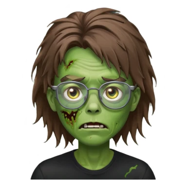 Green zombie, brown messy hair covering the forehead, black glasses, black shirt. iOS style. sticker