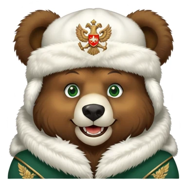 Grinning Russian bear with forest green eyes, fluffy white ushanka hat adorned with double-headed eagle coat of arms sticker