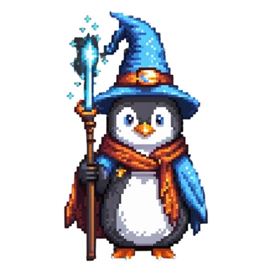 Penguin wearing wizard hat and robe holding a magic wand sticker