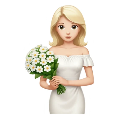 blonde woman in a white off-shoulder dress with a bouquet of white flowers in a white bag in her right hand sticker