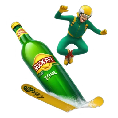 Man ski jumping over a giant green bottle of buckfast tonic wine sticker