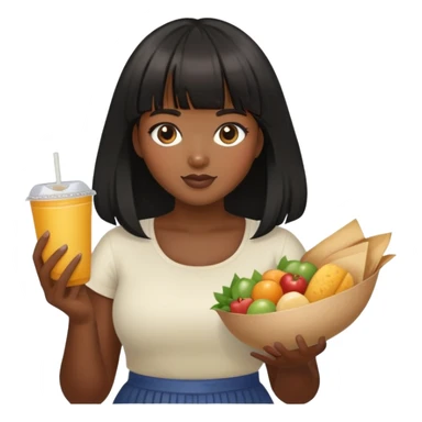 Medium dark skin tone girl with bangs black long hair plus size with food sticker