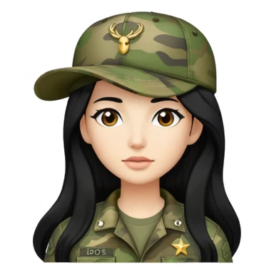 cartoon woman with long black hair wearing camo clothes and ian charms cap sticker
