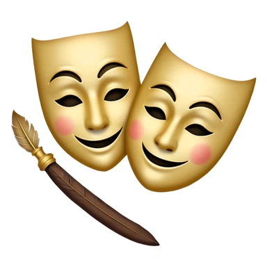 Create a dramatic emoji representing dramaturgy. The design should feature a classic theatre mask (comedy and tragedy), with one mask displaying a smiling face and the other a sad one. Include elements like a quill or fountain pen to symbolize the writing process, with dramatic lighting or shadows to enhance the theatrical feel. The background should be elegant, possibly with a curtain or spotlight effect, evoking a sense of drama and performance. Make the background transparent. sticker