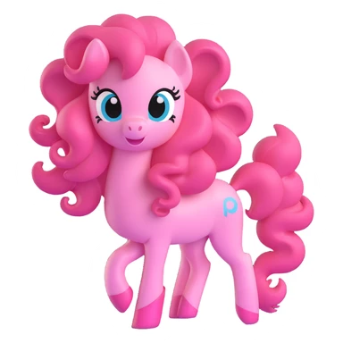 Pinkie Pie from My Little Pony, 3D style, playful pose, shiny pink color, curly mane and tail sticker