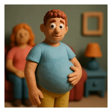 pregnant man, claymation style, matte plasticine, visible fingerprints, pastel colors sticker