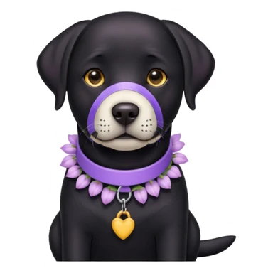 Sitting black Labrador with lilac collar, the muzzle is a bit white sticker