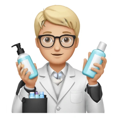 blonde man with white coat and glasses holding skincare products sticker