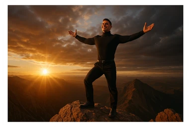 uomo che arriva in cima alla vetta accogliendo le sfide della vita e le supera senza paura, iperrealistica cinematografica 4k sticker