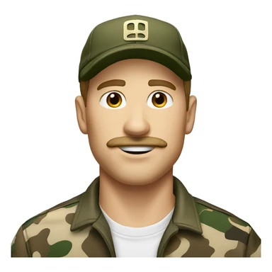 White man with brown hair, mustache, baseball cap and hunting camo shirt sticker