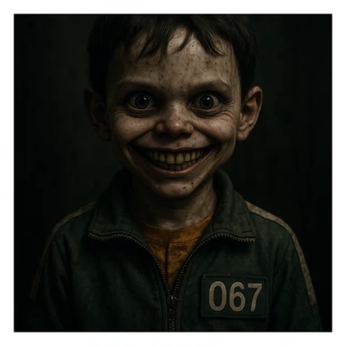 scary boy doll with a wide, unsettling smile, inspired by Squid Game, in a creepy, realistic horror style sticker
