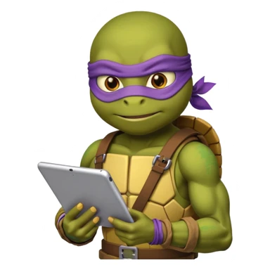 Donatello from Teenage Mutant Ninja Turtles, emoji style, with a tablet showing a hacking screen and a determined look, with a yellow hacking interface sticker