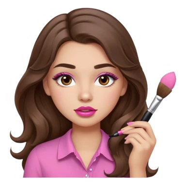 girl with long wavy brown hair, brown eyes, light to medium complexion, in a pink shirt, pink lips, long lashes, puckered lips, putting on makeup with a fluffy brush sticker