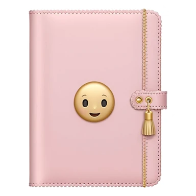 Cute pastel emoji illustration of a soft pink journal with scalloped edges, tiny gold dot details, and a small tassel charm, cozy and elegant stationery vibe sticker