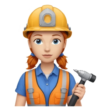 A ginger haired girl blue eyes, handyman Outfit, wearing a Helmet, with drill sticker