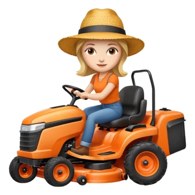 White woman without glasses wearing a straw hat, on orange ride on lawn mower.  sticker