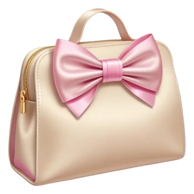 beige cosmetic bag with cosmetics sticking out and a pink bow sticker