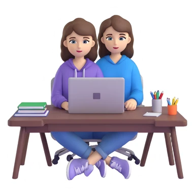white girl with brown hair and blue eyes, sitting at a desk with a laptop, casual outfit sticker