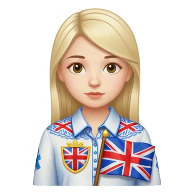 A Ukrainian girl wearing an embroidered shirt and a British flag sticker