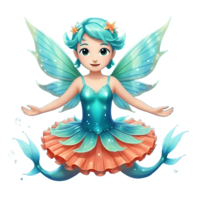 portrait of a small ocean fairy with translucent fins for wings, turquoise skin, coral-like dress, floating above water with sparkles around, joyful pose, front-facing, magical vibe sticker