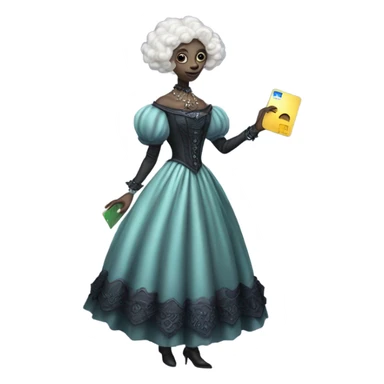 alien galora in Victorian dress elegant, full body, holding big credit card sticker