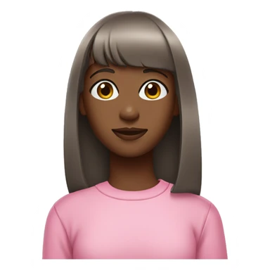 a dark brown skinned girl with straight hair and bangs, wearing a pink sweatshirt. sticker
