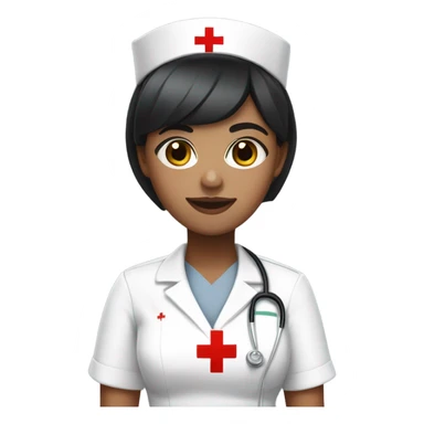 pixie cut black straight hair female nurse with red cross sign hat wearing dress
white skin color sticker