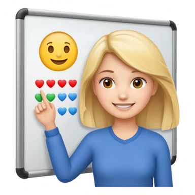 Make an emoji of a girl who is teaching how to make emojis on a board sticker