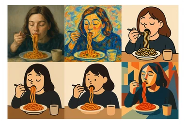a woman eating food, diverse styles, scene 3 sticker