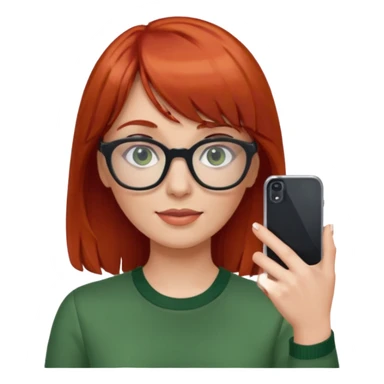 red haired woman with bangs, glasses, green blouse holding her phone having selfie sticker
