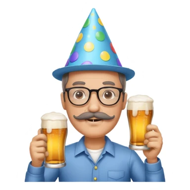 A man with moustache and specs holding a beer and celebrating birthday sticker