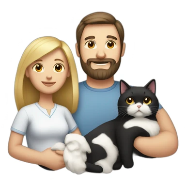 Family photo a fat husband with a beard is holding a white cat and wife with straight hair is holding a black cat sticker