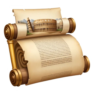 An icon featuring an ancient scroll, surrounded by famous historical landmarks and statues of notable figures, like the Colosseum or Napoleon. The design symbolizes the exploration of history through monuments and people. Transparent background highlights the pas sticker
