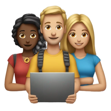 2 girl and 3 man each of them holding laptop and sit together  sticker