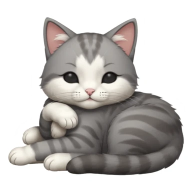 dark grey and white small cat with his eyes closed, leaning his head on his paw while leaning on his elbow lying down sticker