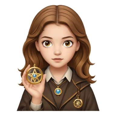 Barbara Palvin as Hermione Granger with brown eyes and holding a time turner sticker