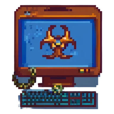 blue screen computer with a biohazard sign sticker