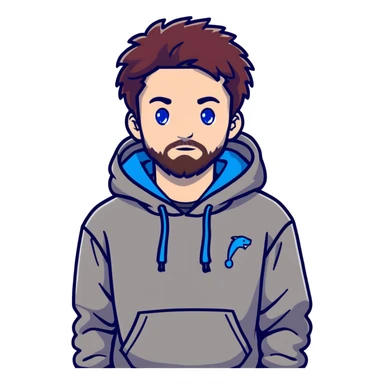 Full body Adult male with blue eyes and dark redish messy hair and trimmed facial hair wearing a gray puma hoodie sticker