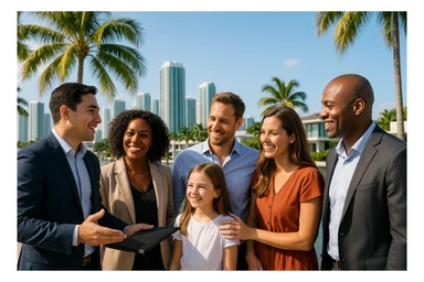 Foto hiper realista que refleje a nuestro cliente ideal de real estate: Profesionales y familias en transición Que desean mudarse a Miami o adquirir una segunda residencia, guiados por un equipo que habla su idioma —literal y figurativamente. sticker