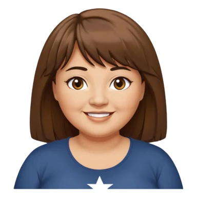 middle aged overweight woman with tan skin, black star next to left eye, long brown hair with bangs, brown eyes, smiling, white t-shirt sticker